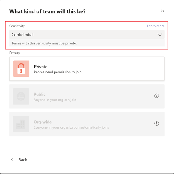 What kind of team will this be?  Sensitivity  Confidential  Teams with this sensitivity must be private.  Private  people need permission to join  Public  Org-wide  Everyone In your orqamzattcn automat:caliy 'O'n  Back  Learn more 