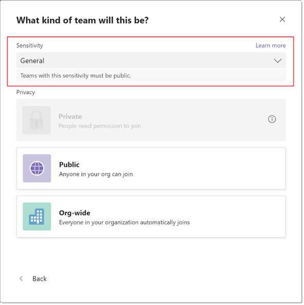 What kind Of team will this be?  Sensitivity  General  Teams with this sensitivity must be public.  Privacy  Private  Public  Anyone in pur org can join  Org-wide  Everyone in your organization automatically joins  Back  x  Learn more 