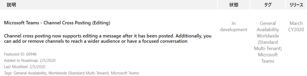 IJY-Ä  March  CY2020  Microsoft Teams - Channel Cross Posting (Editing)  Channel cross posting now supports editing a message after it has been posted. Additionally, you  can add or remove channels to reach a wider audience or have a focused conversation  Featured ID: 60946  Added to Roadmap: 2/5/2020  Last Modified: 2/5/2020  Tags: General Availability, Worldwide (Standard Multi-Tenant), Microsoft Teams  In  development  General  Availability  Worldwide  (Standard  Multi-Tenant)  Microsoft  Teams 