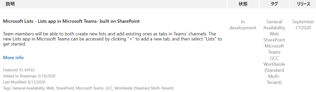 IJIJ-Ä  September  CY2020  Microsoft Lists - Lists app in Microsoft Teams- built on SharePoint  Team members will be able to both create new lists and add existing ones as tabs in Teams' channels. The  new Lists app in Microsoft Teams can be accessed by clicking " +1' to add a new tab, and then select "Lists ' to  get started.  More info  Featured ID: 64162  Added to Roadmap: 5/19/2020  Last Modified: 8/12/2020  Tags: General Availability, Web, SharePoint, Microsoft Teams, GCC, Worldwide (Standard Multi-Tenant)  In  development  General  Availability  Web  SharePoint  Microsoft  Teams  GCC  Worldwide  (Standard  Multi-  Tenant) 