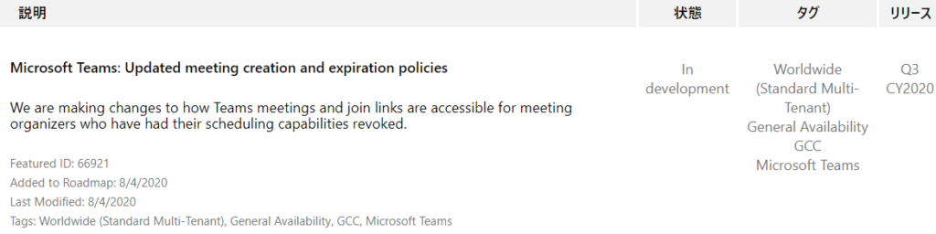 IJY-Ä  CY2020  Microsoft Teams: Updated meeting creation and expiration policies  We are making changes to how Teams meetings and join links are accessible for meeting  organizers who have had their scheduling capabilities revoked.  Featured ID: 66921  Added to Roadmap: 8/4/2020  Last Modified: 8/4/2020  Tags: Worldwide (Standard Multi-Tenant), General Availability, GCC, Microsoft Teams  In  development  55  Worldwide  (Standard Multi-  Tenant)  General Availability  GCC  Microsoft Teams 