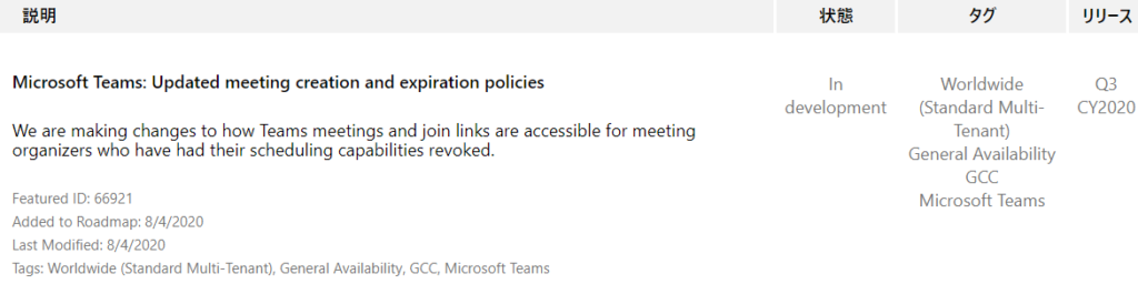 IJY-Ä 
CY2020 
Microsoft Teams: Updated meeting creation and expiration policies 
We are making changes to how Teams meetings and join links are accessible for meeting 
organizers who have had their scheduling capabilities revoked. 
Featured ID: 66921 
Added to Roadmap: 8/4/2020 
Last Modified: 8/4/2020 
Tags: Worldwide (Standard Multi-Tenant), General Availability, GCC, Microsoft Teams 
In 
development 
55 
Worldwide 
(Standard Multi- 
Tenant) 
General Availability 
GCC 
Microsoft Teams 