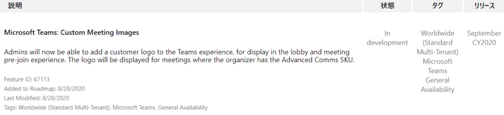 IJY-Ä 
September 
CY2020 
Microsoft Teams: Custom Meeting Images 
Admins will now be able to add a customer logo to the Teams experience, for display in the lobby and meeting 
pre-join experience. The logo will be displayed for meetings where the organizer has the Advanced Comms SKU. 
Feature ID: 67113 
Added to Roadmap: 8/28/2020 
Last Modified: 8/28/2020 
Tags: Worldwide (Standard Multi-Tenant), Microsoft Teams, General Availability 
In 
development 
Worldwide 
(Standard 
Multi-Tenant) 
Microsoft 
Teams 
General 
Availability 