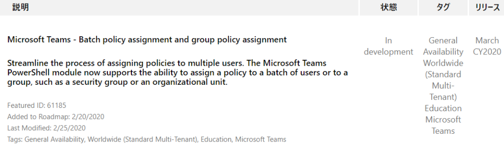 IJIJ-Ä  March  CY2020  Microsoft Teams - Batch policy assignment and group policy assignment  Streamline the process of assigning policies to multiple users. The Microsoft Teams  PowerShell module now supports the ability to assign a policy to a batch of users or to a  group, such as a security group or an organizational unit.  Featured ID: 61185  Added to Roadmap: 2/20/2020  Last Modified: 2/25/2020  Tags: General Availability, Worldwide (Standard Multi-Tenant), Education, Microsoft Teams  In  development  General  Availability  Worldwide  (Standard  Multi-  Tenant)  Education  Microsoft  Teams 